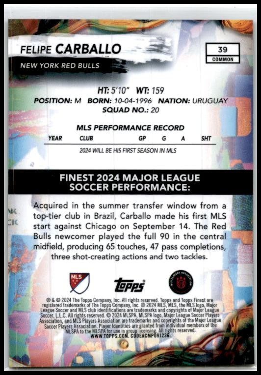 2024 Finest MLS Aqua Refractor #39 Felipe Carballo #/99 New York Red Bulls