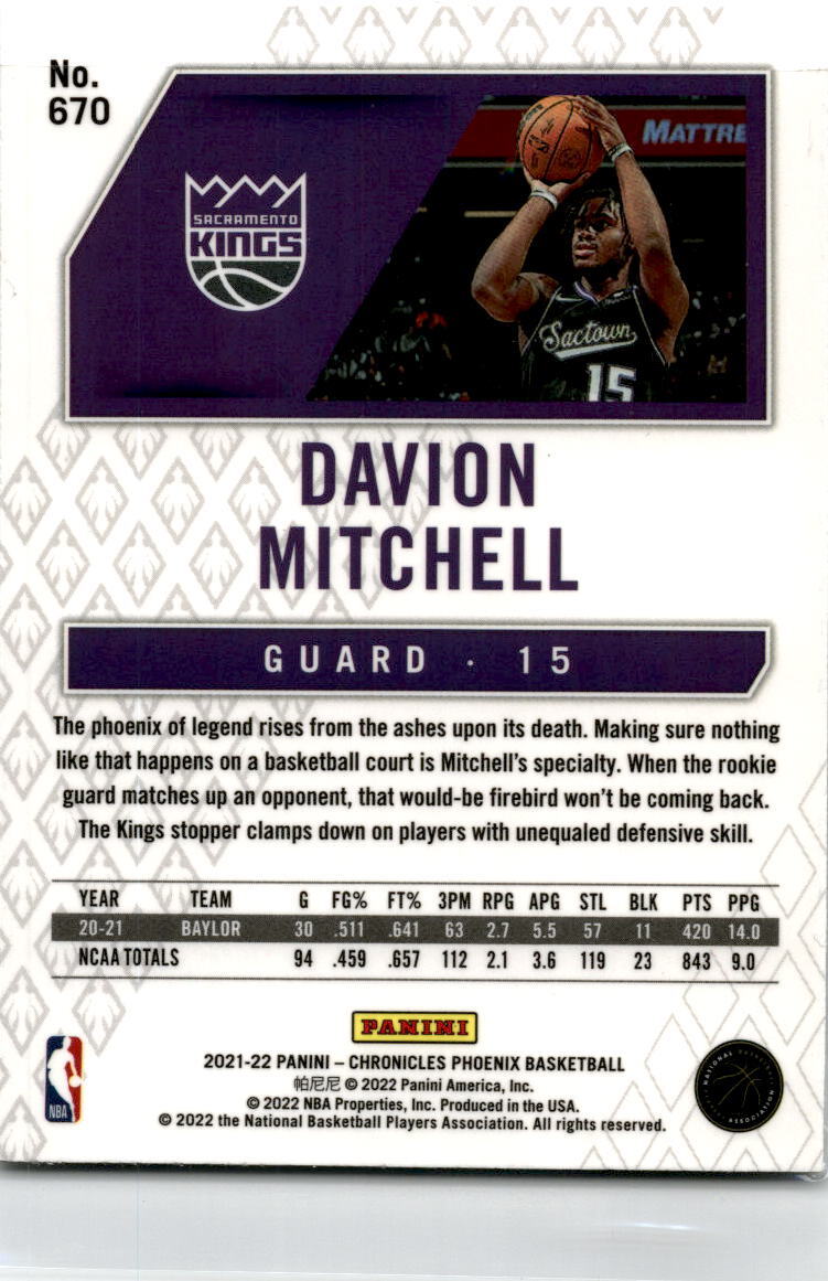 2021 Phoenix #670 Davion Mitchell Sacramento Kings
