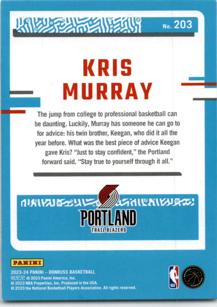2023-24 Donruss #203 Kris Murray Rookie Portland Trail Blazers