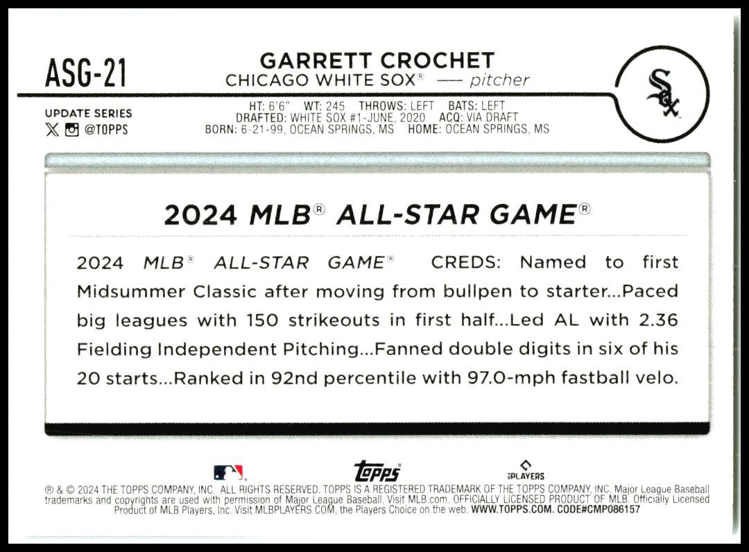 2024 Topps #ASG-21 Garrett Crochet Chicago White Sox