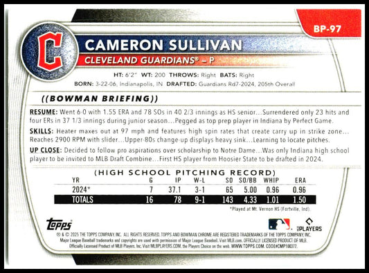2025 Bowman Prospects #BP-97 Cameron Sullivan Cleveland Guardians