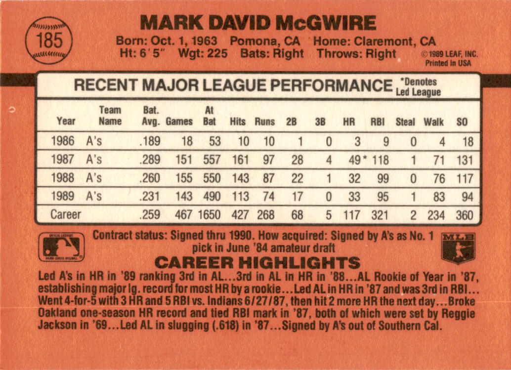 1990 Donruss #185a Mark McGwire Oakland Athletics