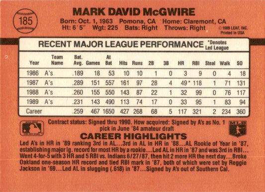 1990 Donruss #185a Mark McGwire Oakland Athletics