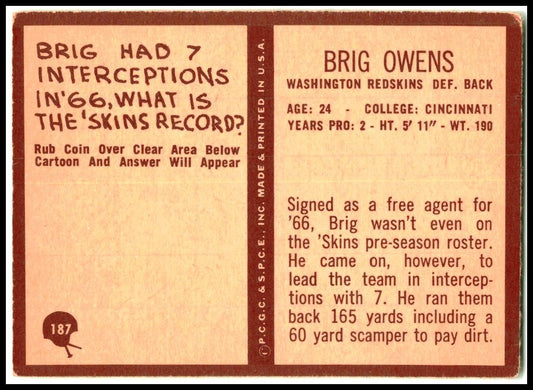 1967 Philadelphia #187 Brig Owens Rookie Washington Redskins