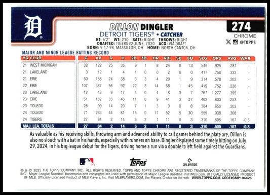 2025 Topps Chrome #274 Dillon Dingler Rookie Detroit Tigers