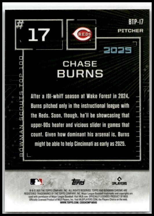 2025 Bowman Scouts' Top 100 #BTP-17 Chase Burns Reds