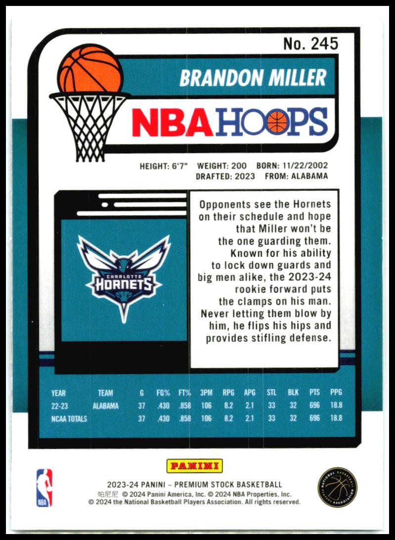 2023-24 Hoops Premium Stock #245 Brandon Miller Rookie Charlotte Hornets