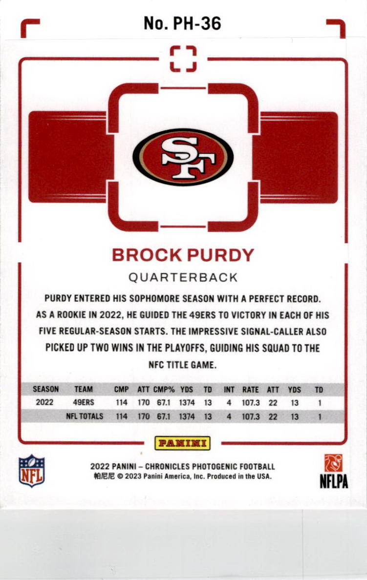 2022 Panini Chronicles #PH-36 Brock Purdy Rookie San Francisco 49ers