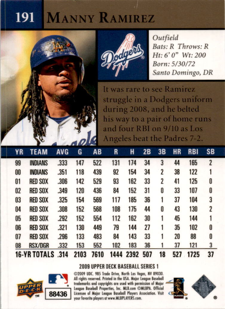 2009 Upper Deck #191 Manny Ramirez Los Angeles Dodgers