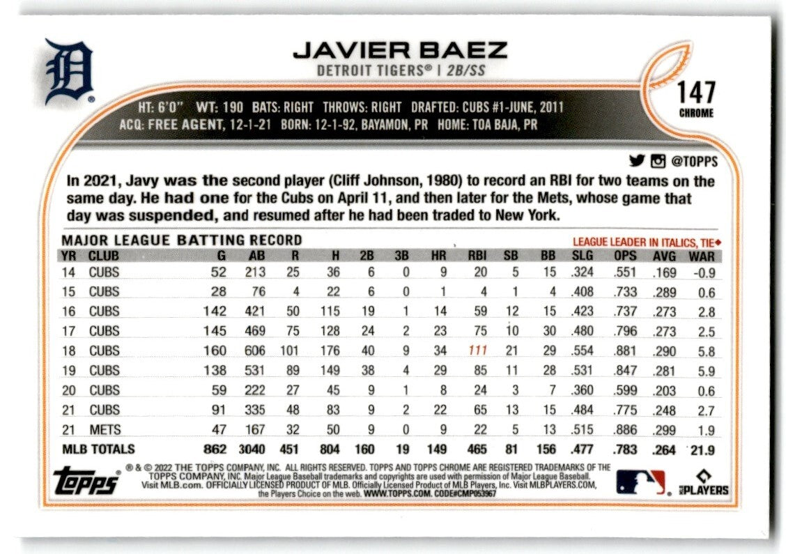 2022 Topps Chrome X-Factor Javier Baez Detroit Tigers #147