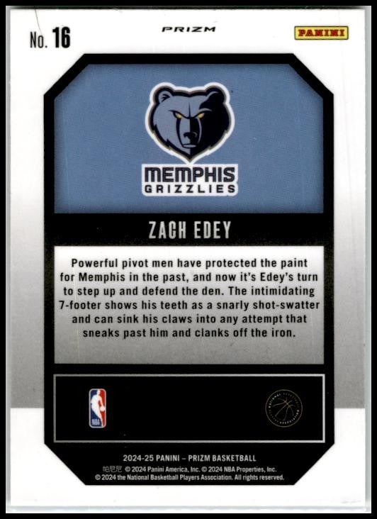 2024-25 Panini Prizm Emergent Prizms Green #16 Zach Edey Memphis Grizzlies
