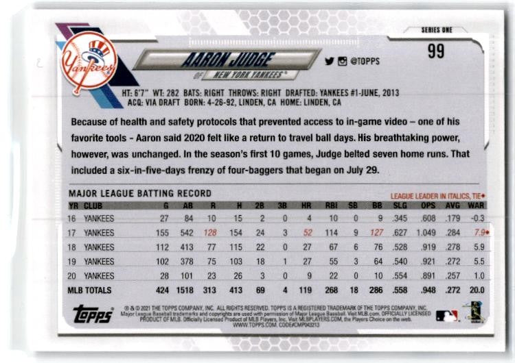 2021 Topps #99a Aaron Judge New York Yankees