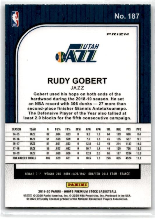 2019-20 Hoops Premium Stock #187 Rudy Gobert Prizms Silver Laser