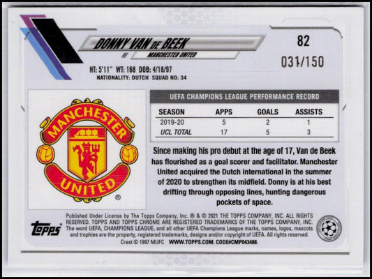 2020-21 Topps Chrome UEFA Champions League #82 Donny Van de Beek Blue #/150