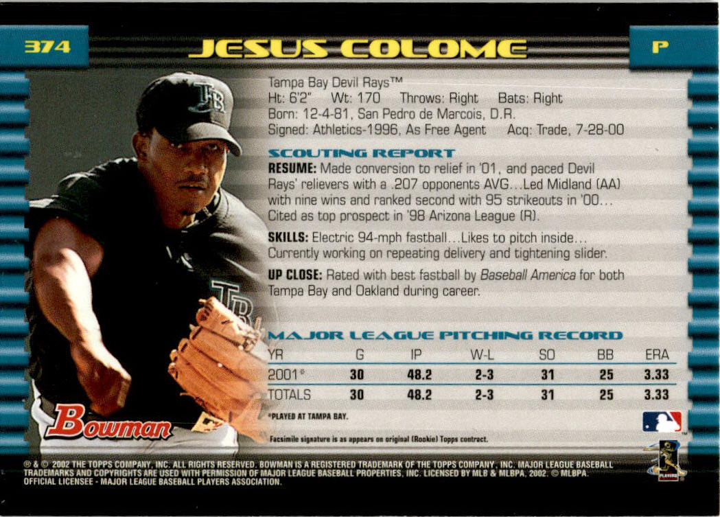 2002 Bowman #374 Jesus Colome Tampa Bay Devil Rays