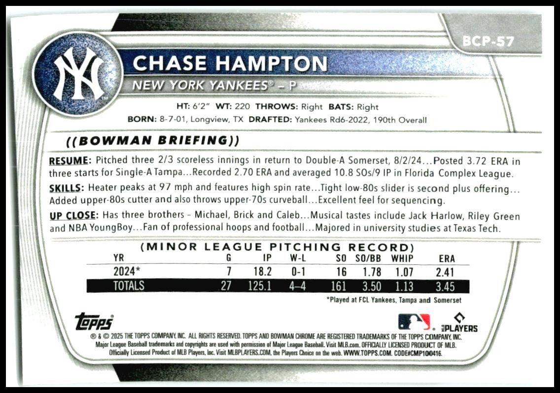 2025 Bowman Chrome Prospects #BCP-57 Chase Hampton New York Yankees