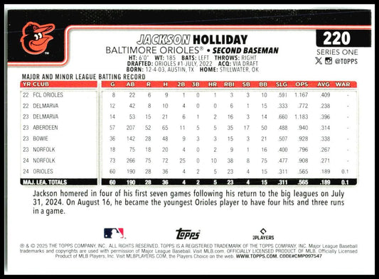 2025 Topps #220 Jackson Holliday Baltimore Orioles