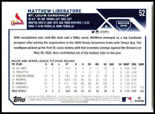 2023 Topps #52 Matthew Liberatore Rookie St. Louis Cardinals