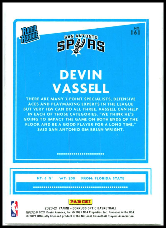 2020-21 Donruss Optic #161 Devin Vassell Rookie San Antonio Spurs