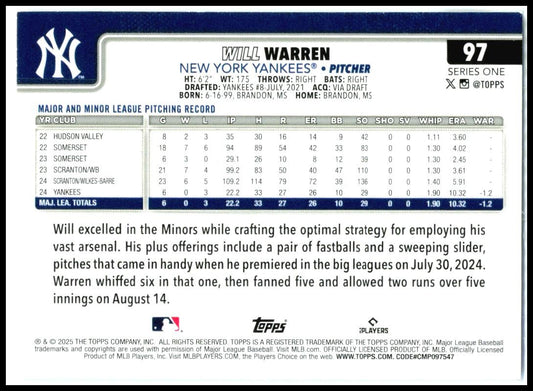 2025 Topps Holiday Tin Variation #97 Will Warren New York Yankees