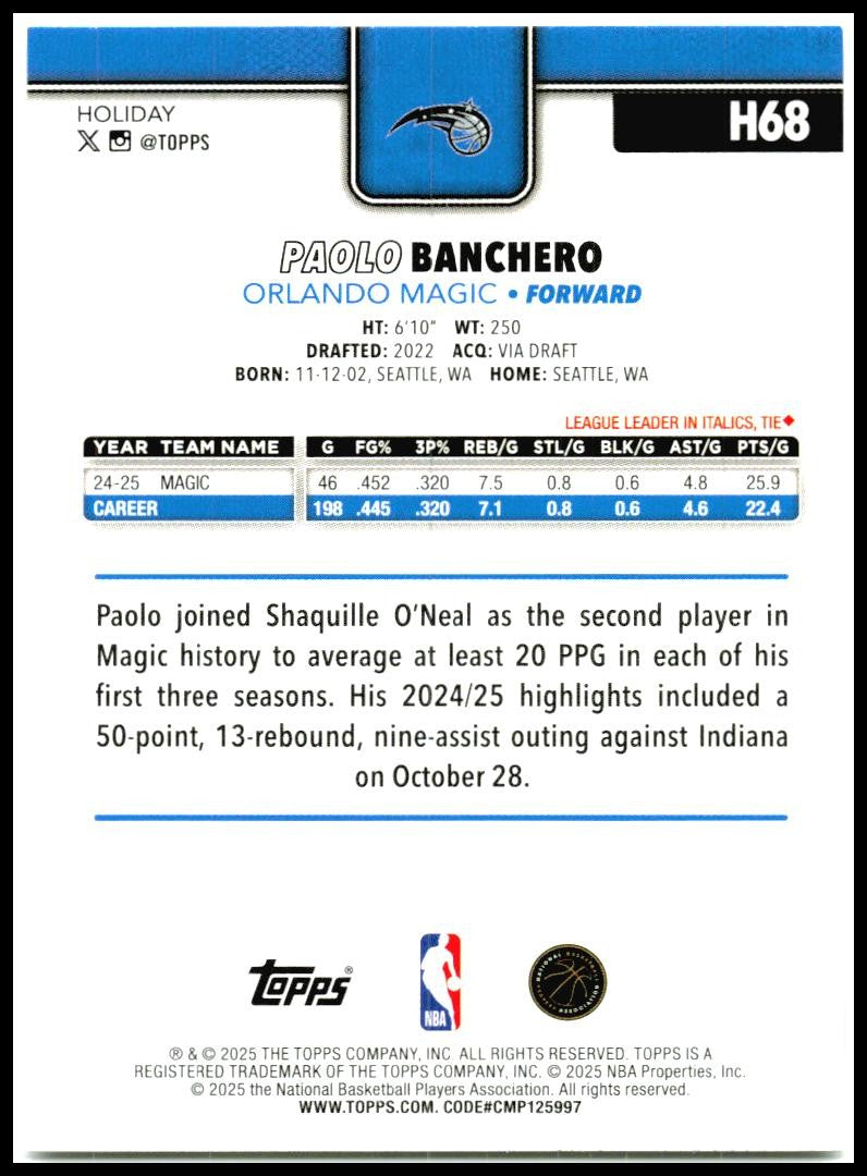 2025-26 Topps Holiday #H68 Paolo Banchero Orlando Magic