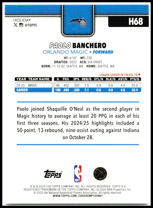 2025-26 Topps Holiday #H68 Paolo Banchero Orlando Magic