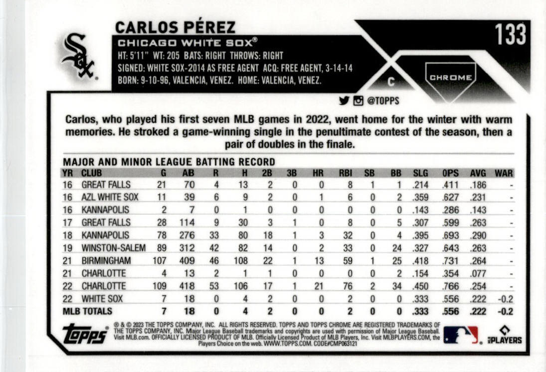 2023 Topps Chrome #133 Carlos Pérez RC Chicago White Sox.