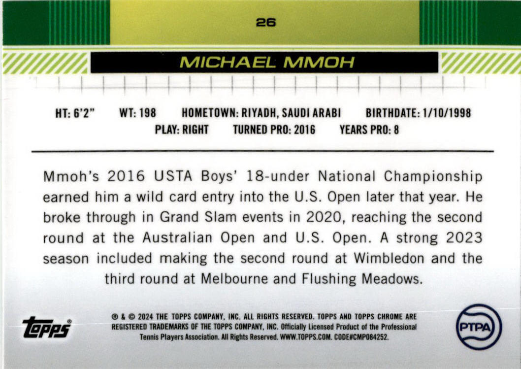 2024 Topps Chrome Tennis Tennis Clay Court Refractor #25 Michael Mmoh