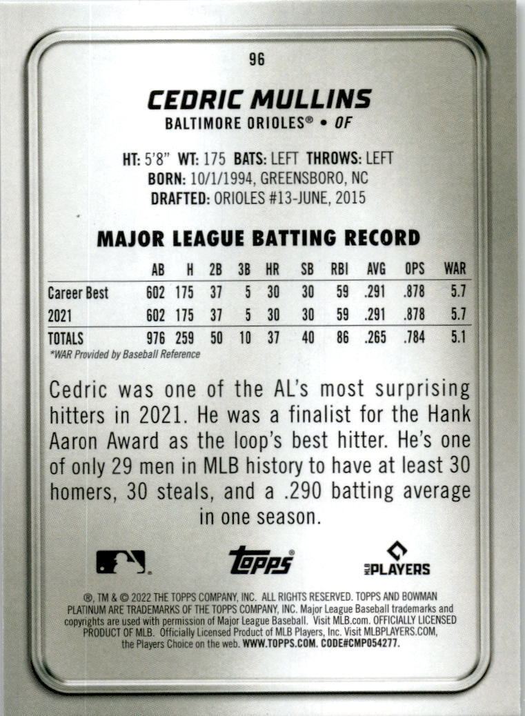 2022 Bowman Platinum #96 Cedric Mullins Baltimore Orioles