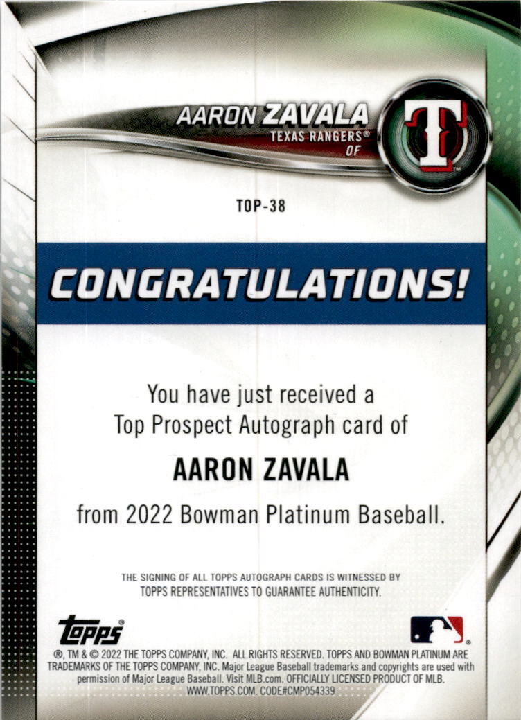 2022 Bowman Platinum #TOP-38 Aaron Zavala 141/199