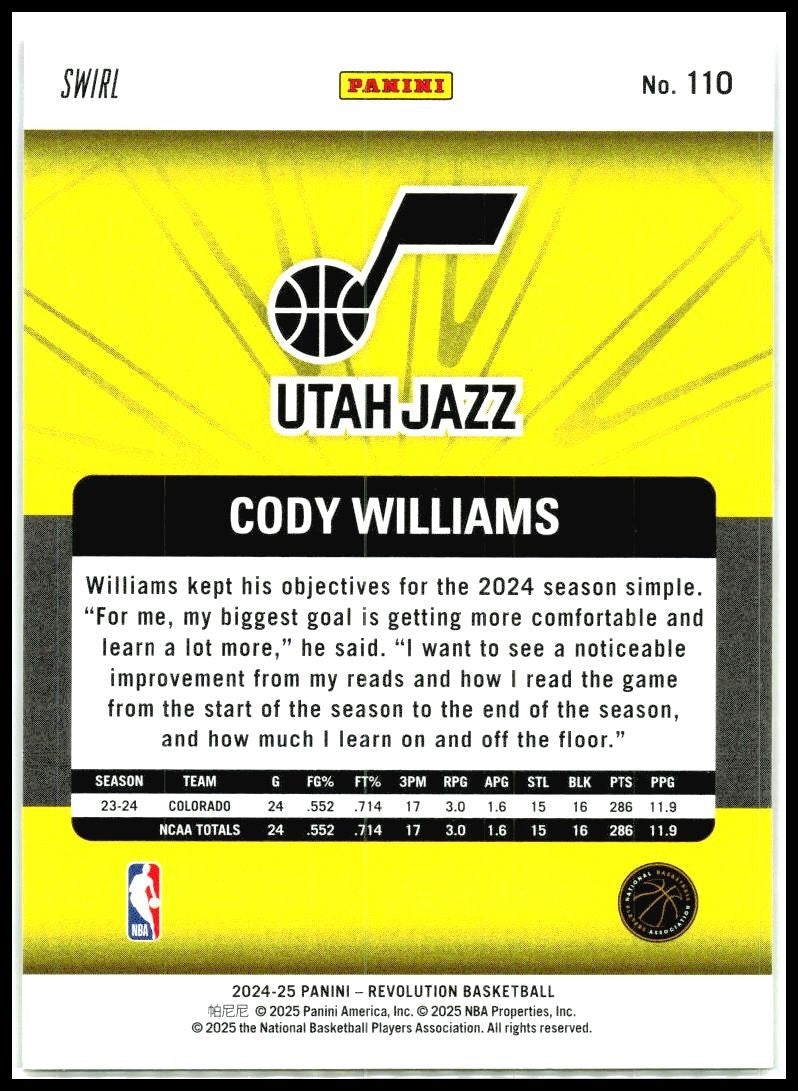 2024-25 Panini Revolution #110 Cody Williams Rookie Utah Jazz