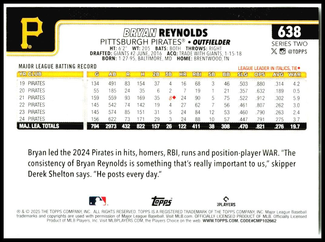 2025 Topps #638 Bryan Reynolds Pittsburgh Pirates