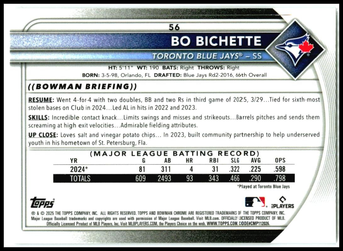 2025 Bowman Chrome #56 Bo Bichette Toronto Blue Jays