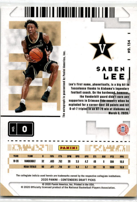 2020 Contenders Draft Picks Game ticket Auto #134 Saben Lee Vanderbilt / Suns