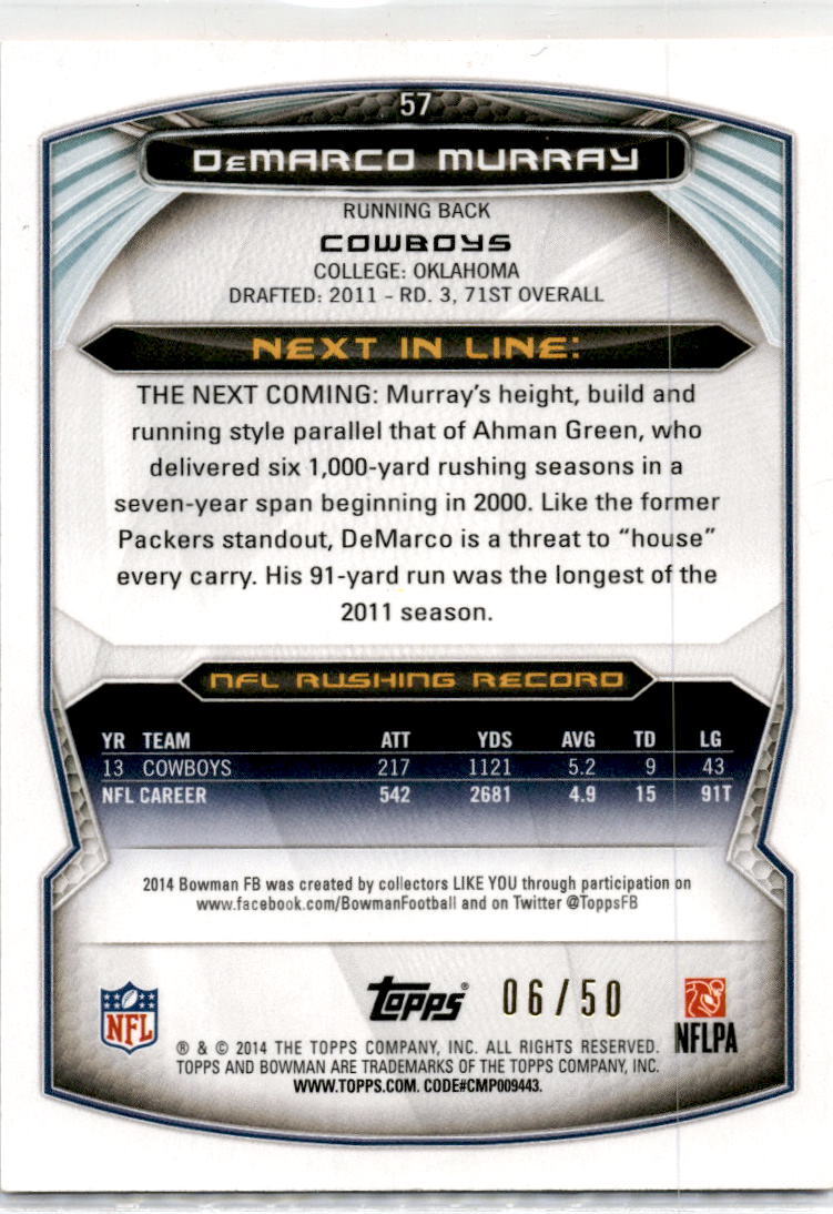 2014 Bowman Veterans Rainbow Orange #57 DeMarco Murray #/50 Dallas Cowboys