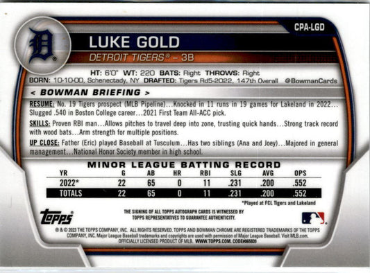 2023 Bowman Chrome Speckle #CPA-LGD Luke Gold Chrome Prospect Auto /299 Tigers