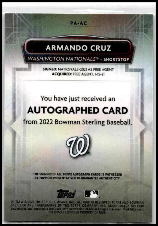 2022 Bowman Sterling Prospect Autographs #PA-AC Armando Cruz Auto Nationals