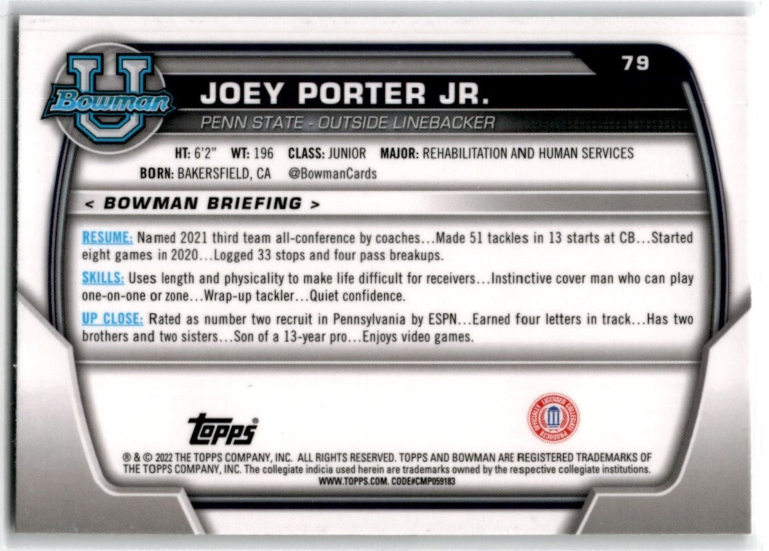 2022 Bowman University Chrome Joey Porter Jr. Penn State Nittany Lions #79