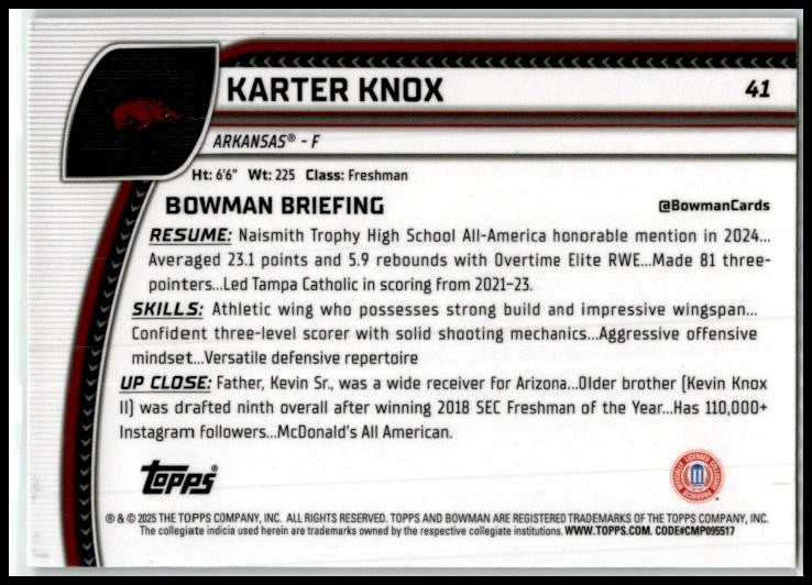 2024-25 Bowman University Chrome Green Shimmer #41 Karter Knox Razorbacks