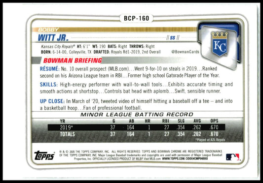 2020 Bowman Chrome Prospects Mojo Refractor #BCP-160 Bobby Witt Jr. Royals