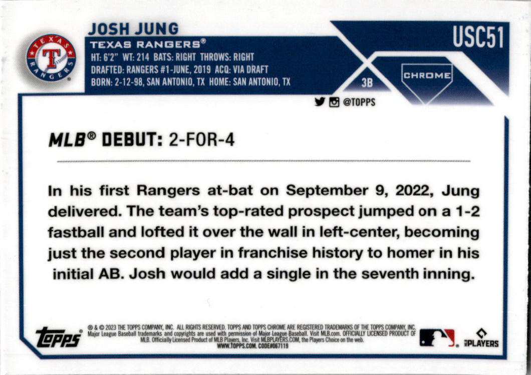 2023 Topps Update Pink #US308 Josh Jung Texas Rangers