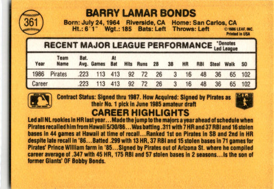1987 Donruss #219 Barry Bonds Rookie Pittsburgh Pirates