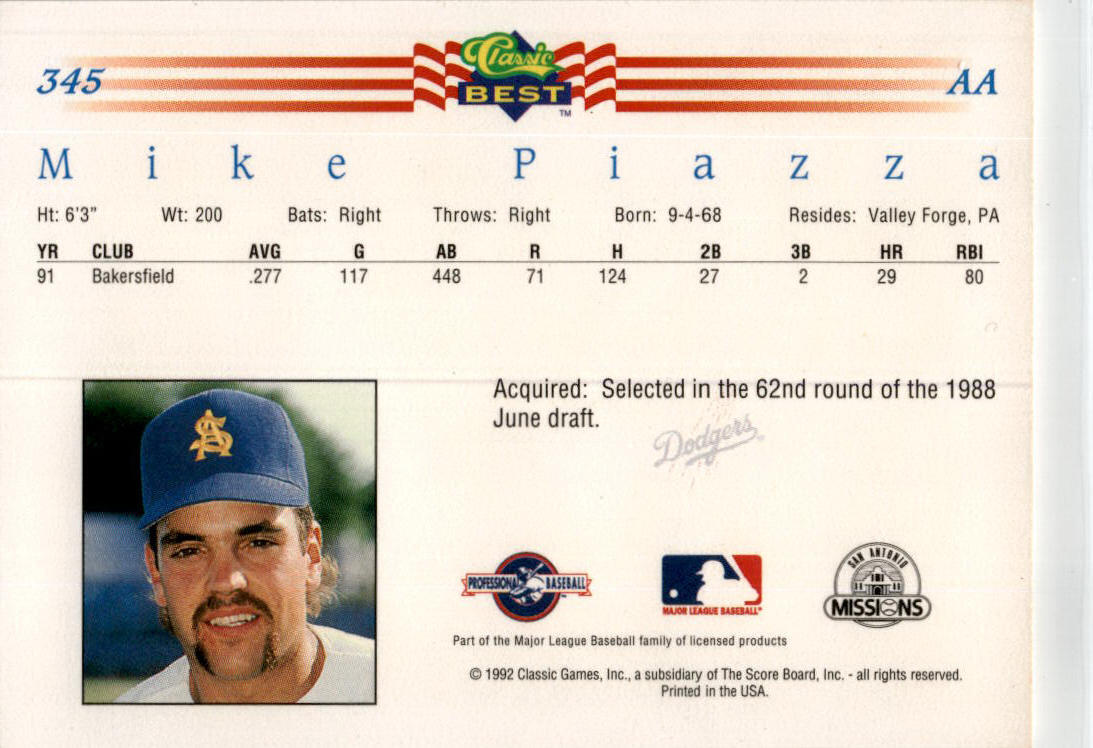 1992 Classic Best #345 Mike Piazza RC  San Antonio Missions / LA Dodgers