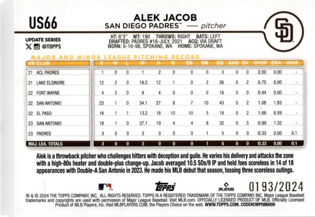 2024 Topps Update Gold /2024 #US66 Alex Jacob Padres