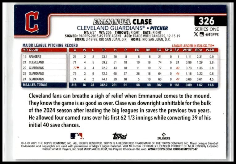 2025 Topps Spring Training #326 Emmanuel Clase Cleveland Guardians
