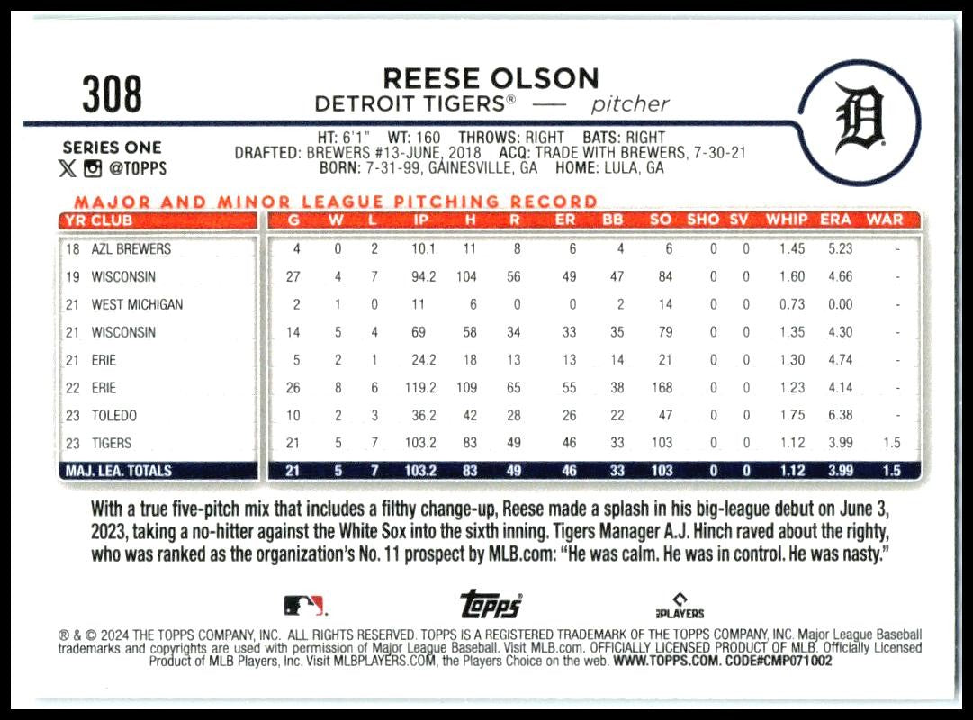 2024 Topps Royal Blue #308 Reese Olson Detroit Tigers