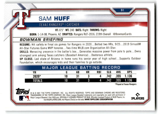 2021 Bowman Chrome Sam Huff Rookie Texas Rangers #91