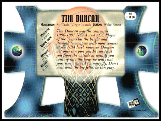 1997 Press Pass Net Burners #NB1 Tim Duncan Wake Forest Demon Deacons