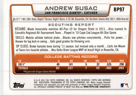 2012 Bowman #BP97 Andrew Susac San Francisco Giants