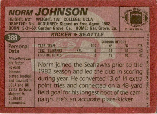 1983 Topps #388 Norm Johnson Rookie Seattle Seahawks